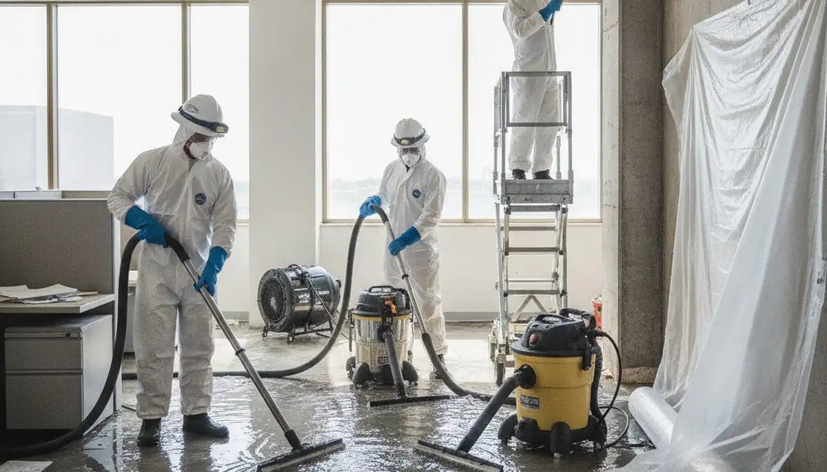 Water damage restoration crew cleaning burst pipe damage in Elk Grove, CA