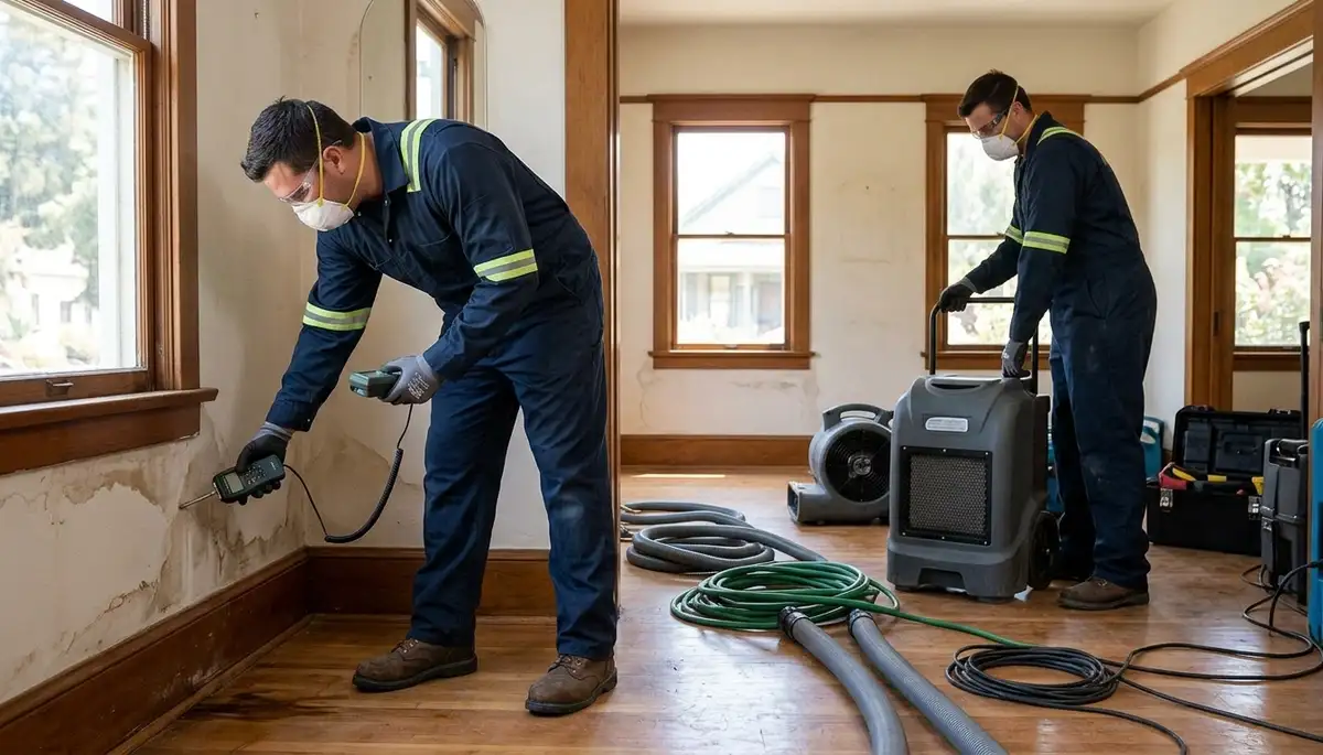Water damage restoration team in Elk Grove, CA inspecting a flooded property after water damage