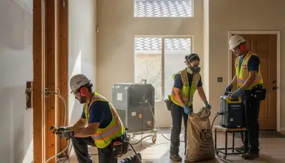 Water damage restoration crew in Elk Grove, CA inspecting and drying a flooded home