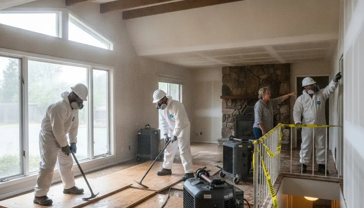 Water damage restoration team in Elk Grove, CA inspecting a home for flood damage and cleanup