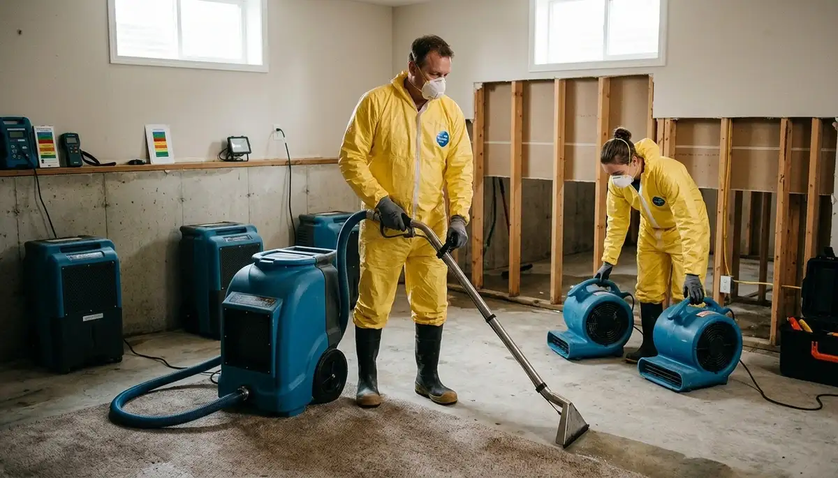 Water damage restoration crew in Elk Grove, CA inspecting home flood damage and moisture cleanup